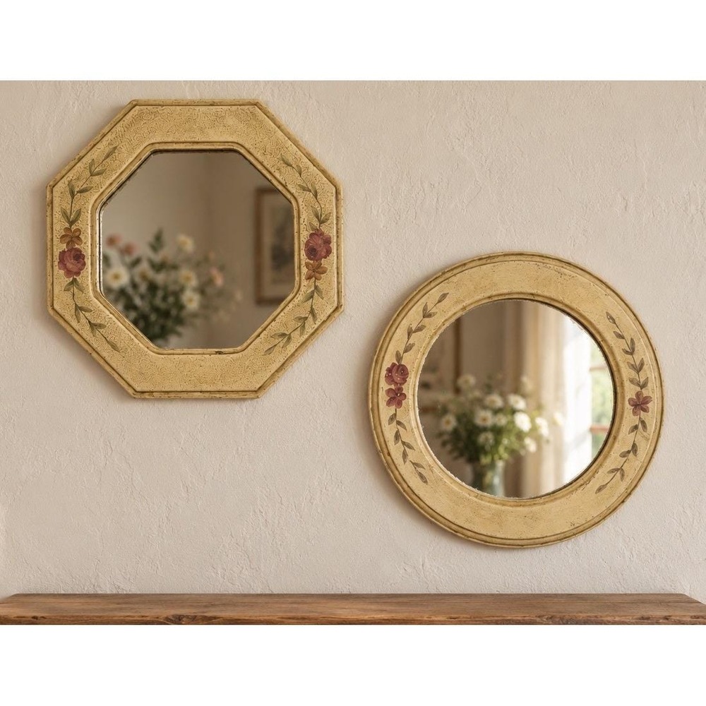 Floral Hand Painted Wood Wall Mirrors Set Of 2 Cottagecore Shabby Chic Decor